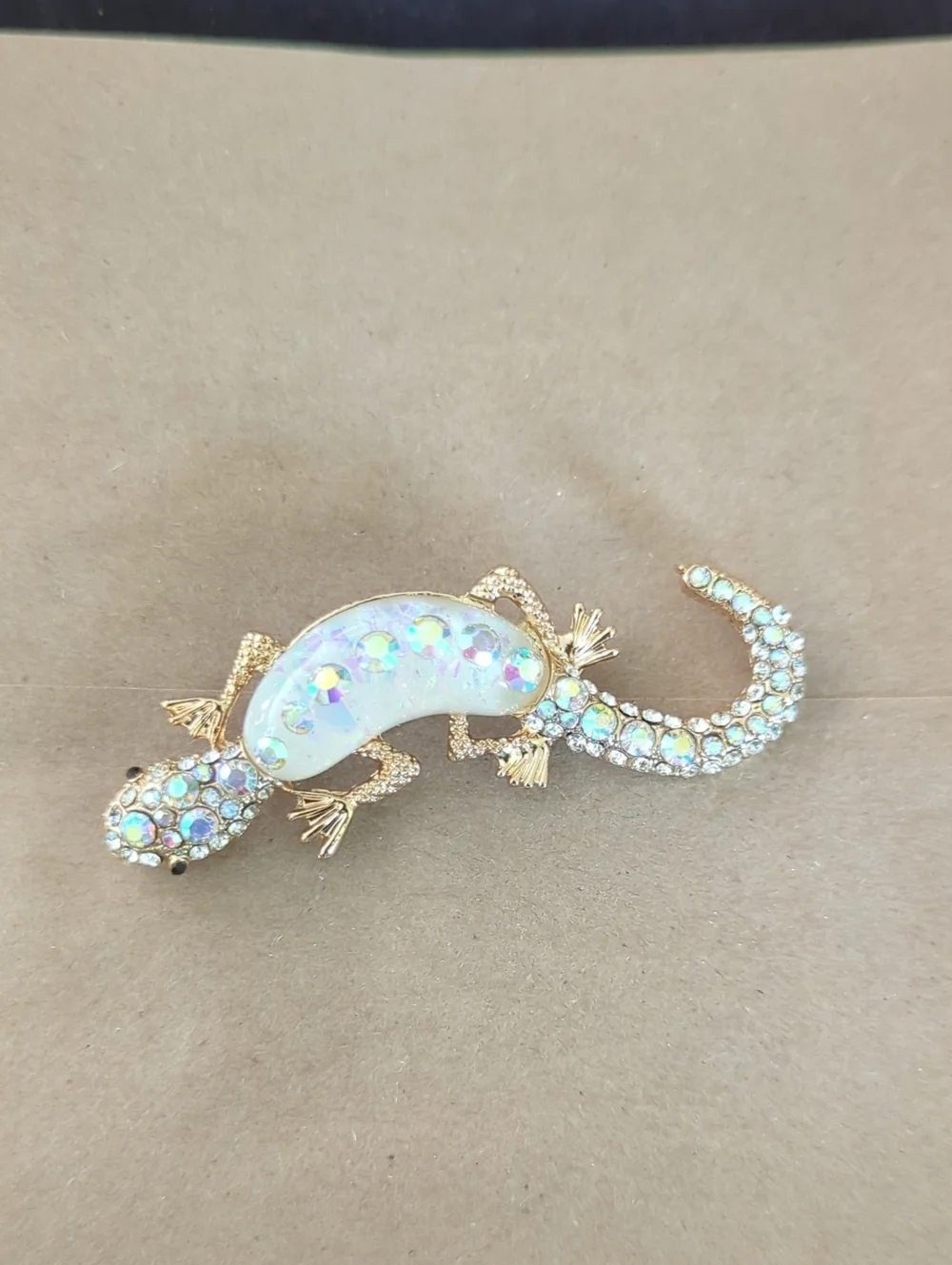 Aurora Opal Lizard Brooch - Gold Tone Crystal Accent